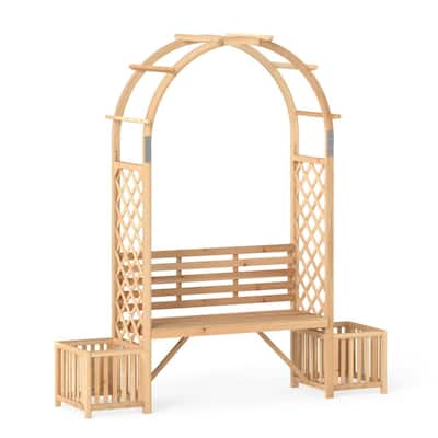 Natural Fir Wood Garden Arbor Bench with Planters Trellis Arch - 73" x 22" x 80"