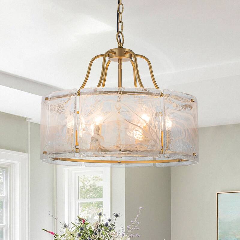 Modern 6-Light Clear Rippled Glass Lantern Pendant For Kitchen Island - Brass & Cloud Stream Glass