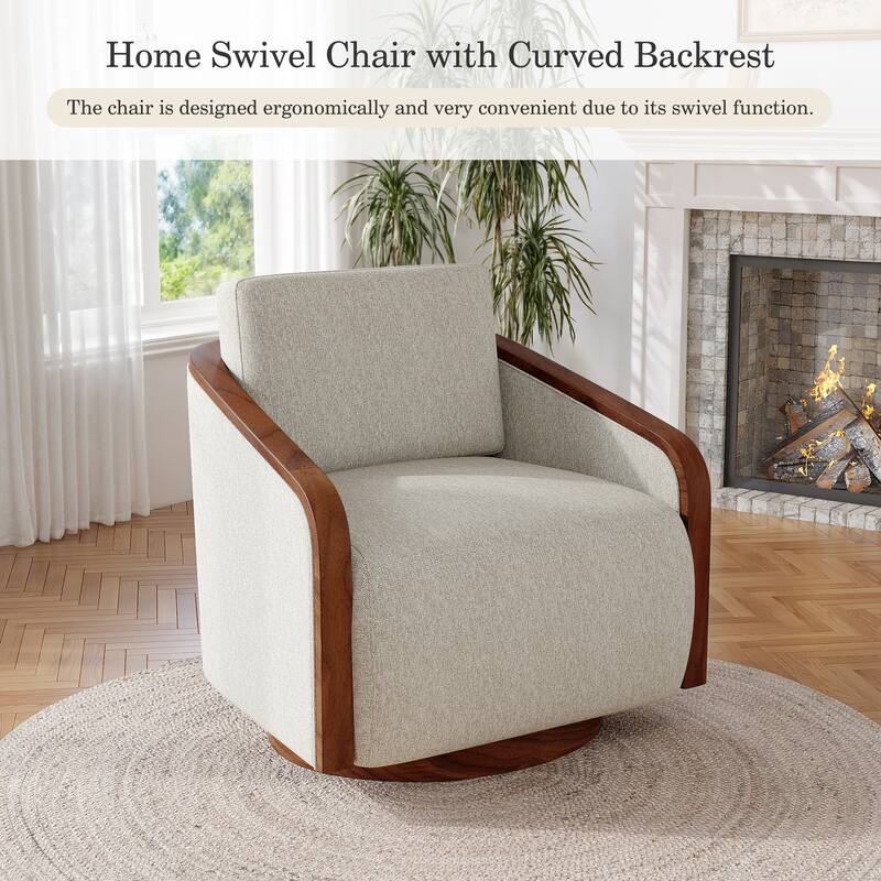 Upholstered Swivel Barrel Chair with Curved Wood Arms