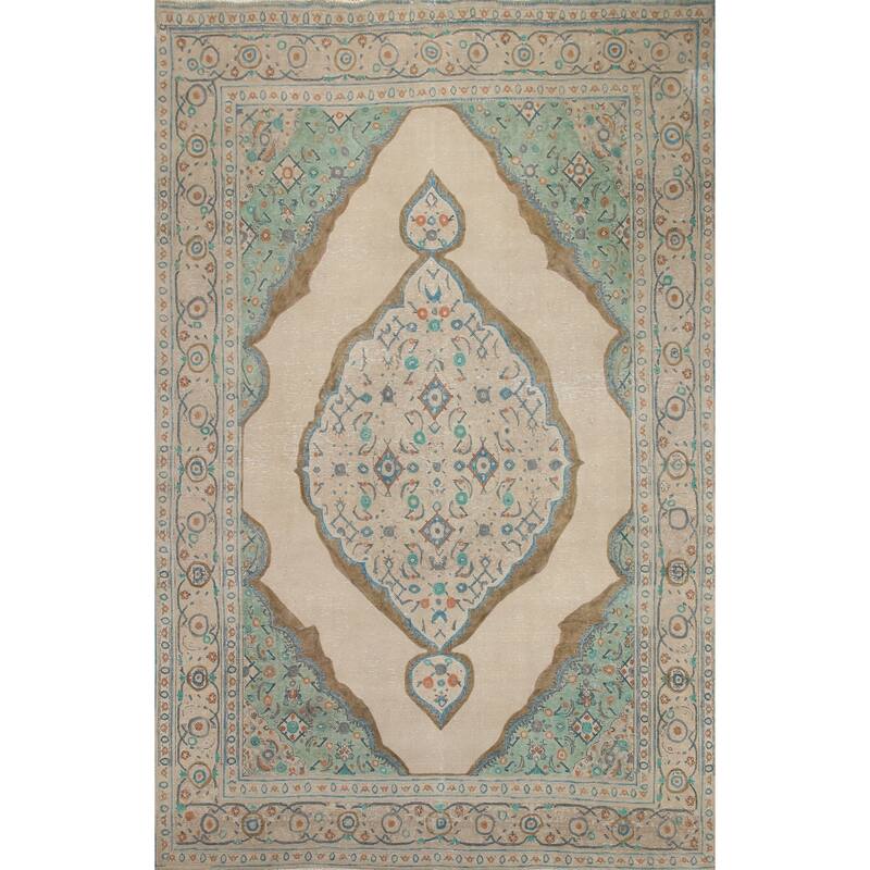 Hand Knotted Oriental 100% Wool Carpet Traditional Medallion Beige & Ivories Tabriz Area Rug - 11' 2'' X 8' 3''