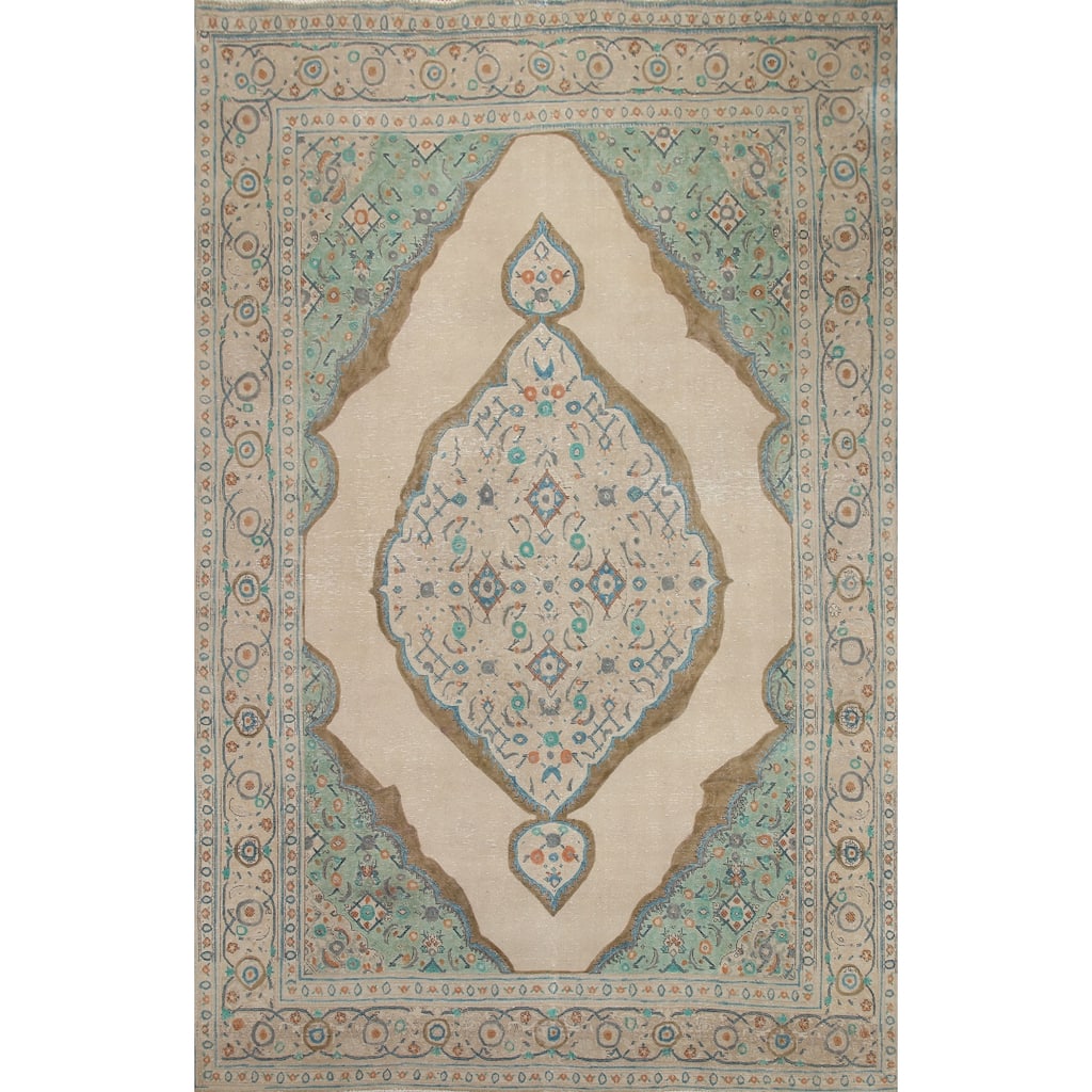 Hand Knotted Oriental 100% Wool Carpet Traditional Medallion Beige & Ivories Tabriz Area Rug - 11' 2'' X 8' 3''