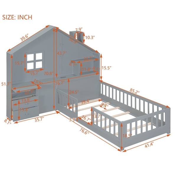 dimension image slide 1 of 2, Twin Size House Bed Frame with Window and Bedside Drawers,Platform Bed with Shelves and a set of Sockets and USB Port