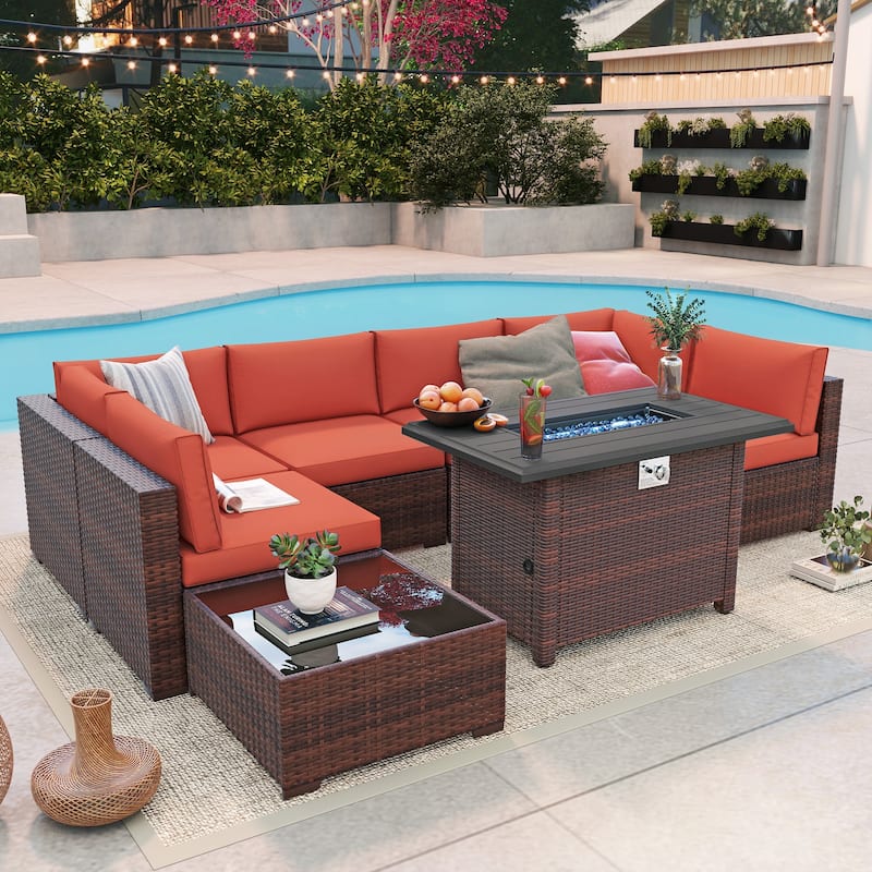Outdoor 8 Pieces Sectional Wicker Sofa Set with Fire Pit - Brown/Orange
