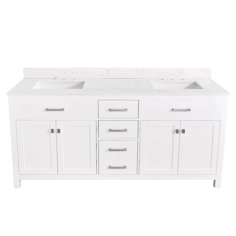 Prismatica Double Sinks Bathroom Vanity 72 in White, Marble Top & Splash - Cultured Marble Top Vanity