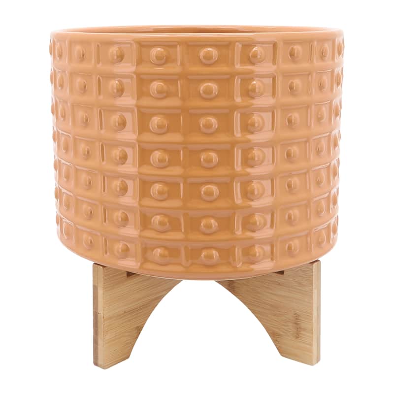 Sagebrook Home Handmade Ceramic Planter Pot with Natural Wood Stand