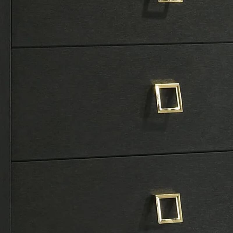 Lati Tall Dresser Chest, 5 Drawers, Black Wood, Gold Metal