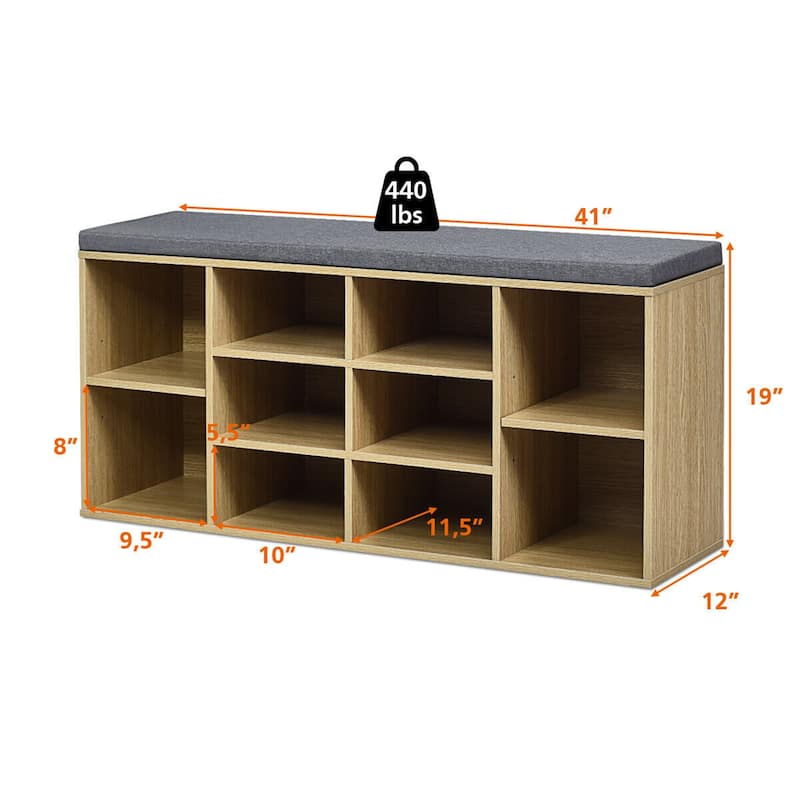 Gymax Entryway Padded Shoe Storage Bench 10-Cube Organizer Bench - 41'' x 12'' x 19''