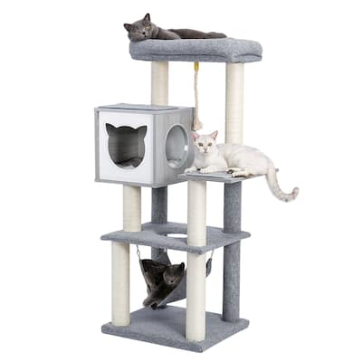 Cat Tree 52 Inches Multi-Level Modern Wooden Cat Tower with Hammock and Scratching Posts and Cat Condo for Adult Cats