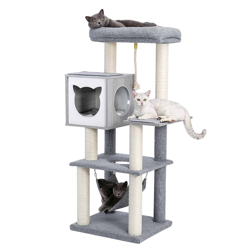 Cat Tree Multi-Level Modern Wooden Cat Tower with Hammock and Scratching Posts and Cat Condo