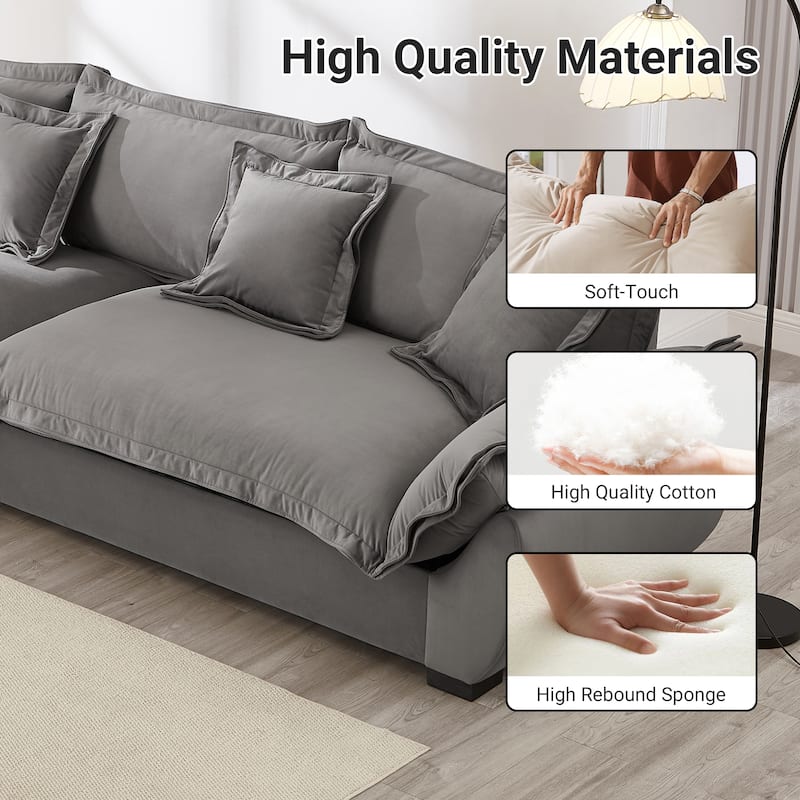 Modular Spacious Deep Seating Velvet Sofa with Storage, Removable Cushion Covers, Pillow Top Arms, Solid Wood Frame and Pillows