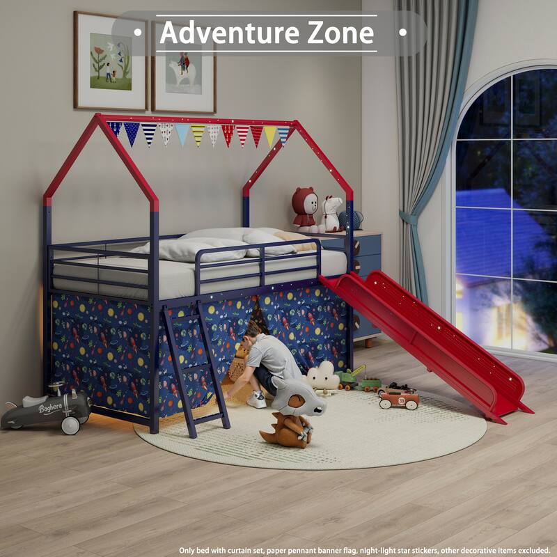 Metal Junior House Twin Loft Bed with Slide and Curtain Set and Pennant Banner Flag and Star Stickers