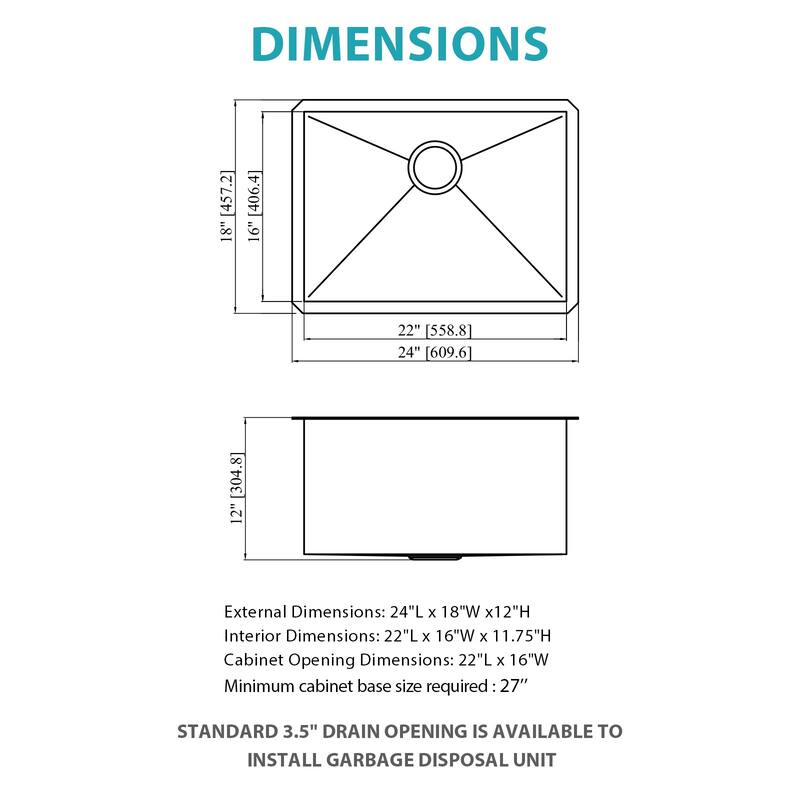 24 Inch Undermount Single Bowl 16 Gauge Stainless Steel Kitchen Sink in Brushed Nickel - 24'' x 18'' x 12''