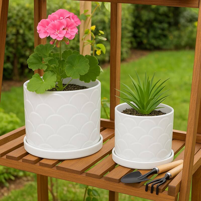 Ceramic Scallop Embossed Planters - Set of 2, 12",10", White - 11.75"