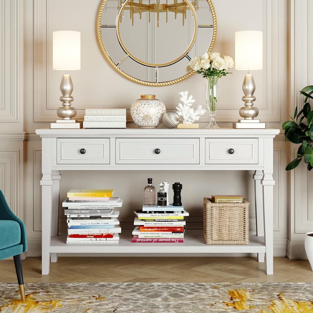 Solid Wood Living Room Console Table, Classic Retro Storage Entryway Sofa Table with 3 Top Drawers and Open Bottom Shelf