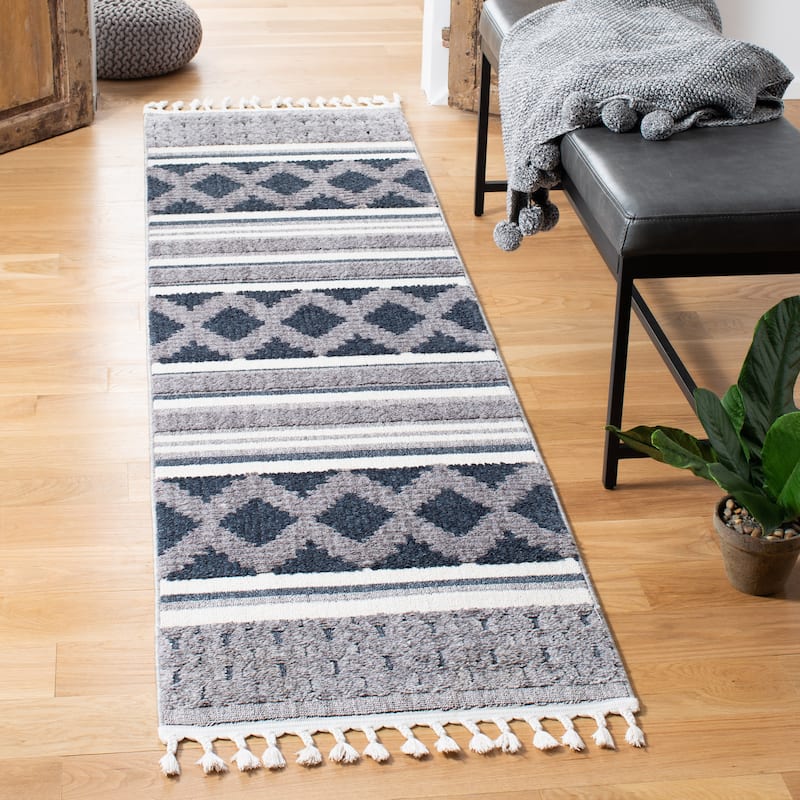 SAFAVIEH Marrakech Moroccan Madelene Boho Braided Tassel Area Rug - 2'2" x 8' Runner - Ivory/Blue