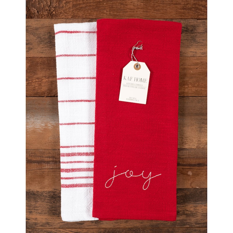 Kitchen Towels Holiday Red Embroidered Monaco - Joy (Set of 4) - 28" x 18"
