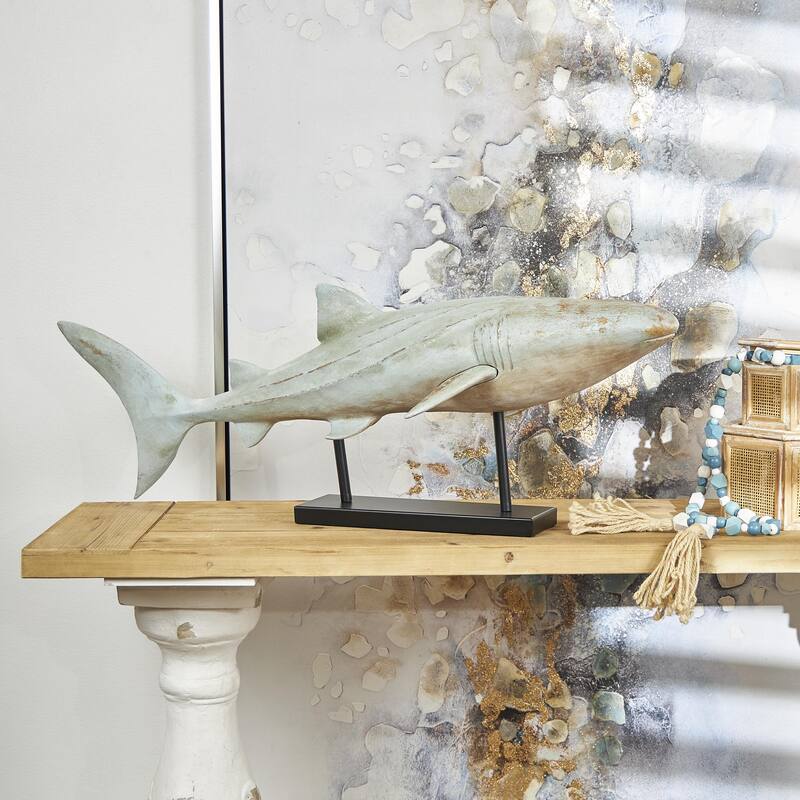 Polystone Shark Distressed Decorative Sculpture with Brown Wood Inspired Accents and Black Stand - Light Blue- Roche River Decor