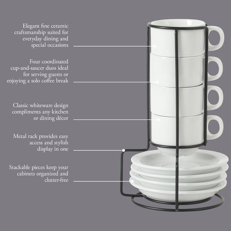Gibson Home Gracious Dining Cups and Saucers Set of 4, Stackable Coffee Set with Metal Stand for Espresso and Cuppuccino