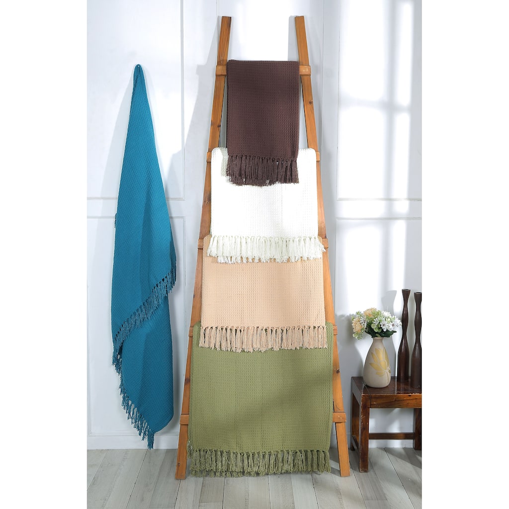 Luxurious Soft Cozy All Season Light Weight Cotton Waffle Weave Throw Blanket with Fringes - 70x50 Inches