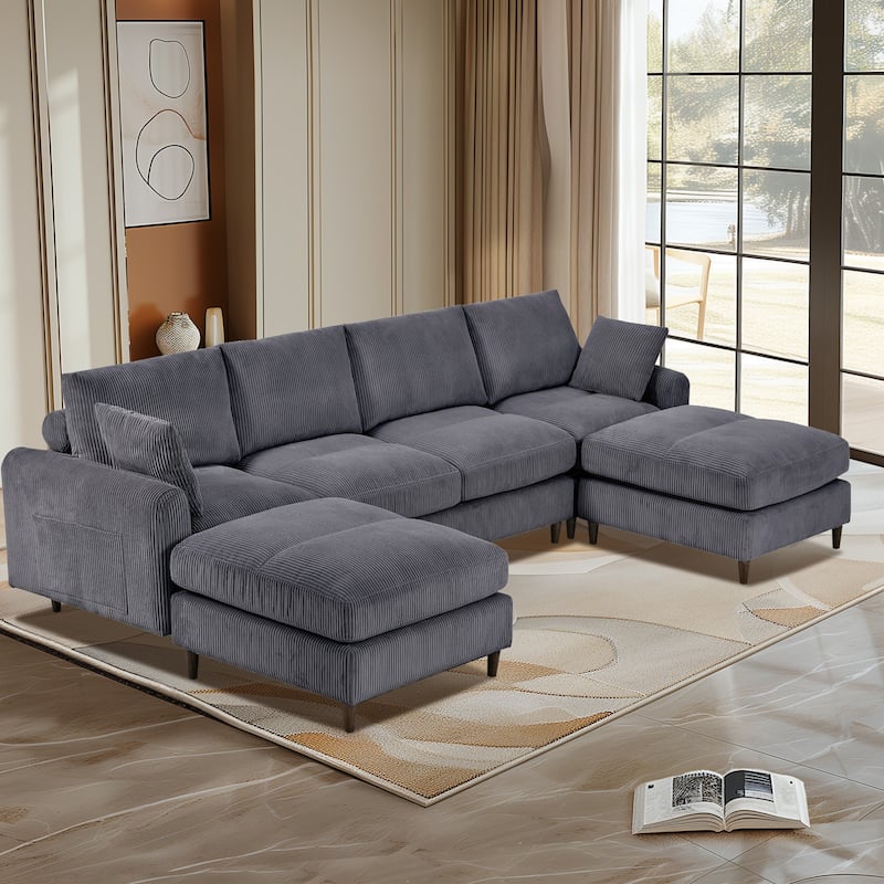 Anmytek 6-Seat Modular Corduroy Sectional Sofa Convertible U/L-Shaped with Pillow & Footstool - Grey