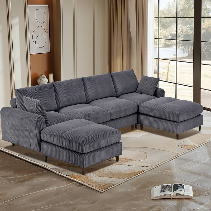 Corduroy Modular Sectional Sofa, 6-Seat Convertible with Footstool - Grey