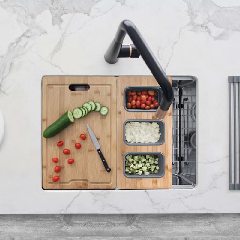 STYLISH 18 inch Over the Sink Divided Serving Board with 3 Collapsible Containers - 16.75" x 8.5"