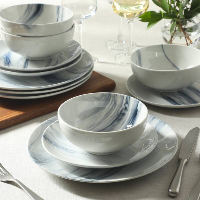 Gibson Home Cloudlight 12 Piece Plates and Bowls Dishes - Decorated Porcelain Ceramic Dinnerware Set - Service for 4