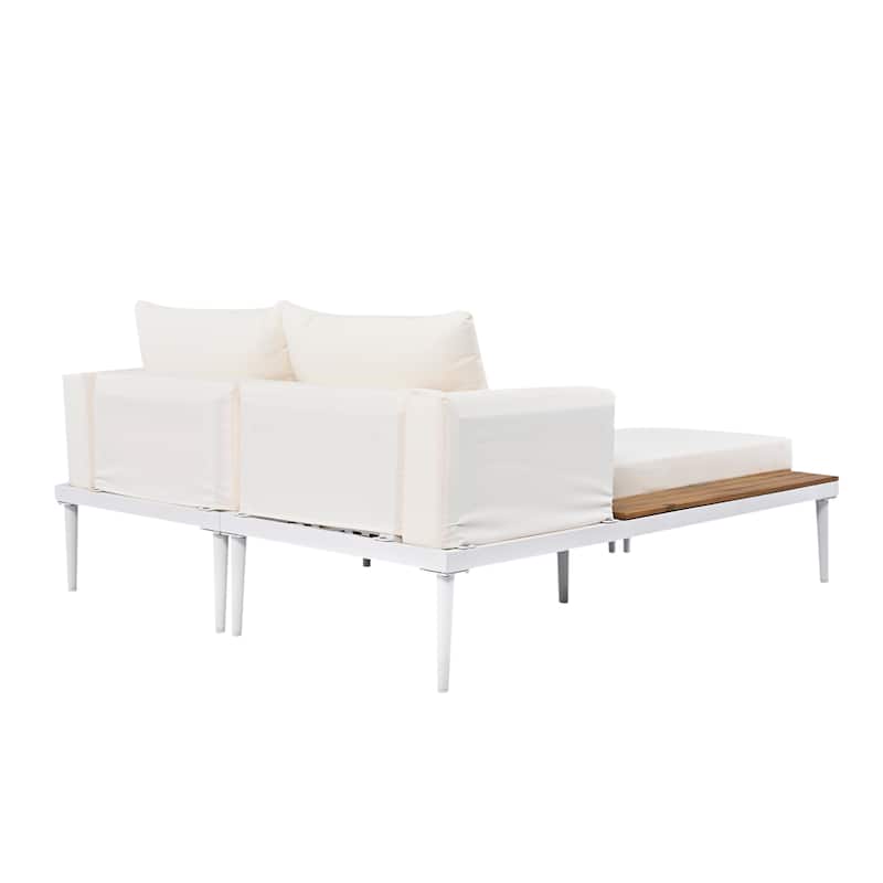 59*55" Outdoor Metal Daybed Frame with Removable Cushion, Patio 2 in 1 Padded Lounge Chaise with Wood Side Table for Drinks