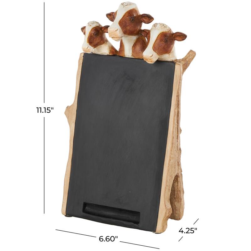Black Polystone Chalkboard Cow Decorative Sign with Brown Tree Trunk Frame