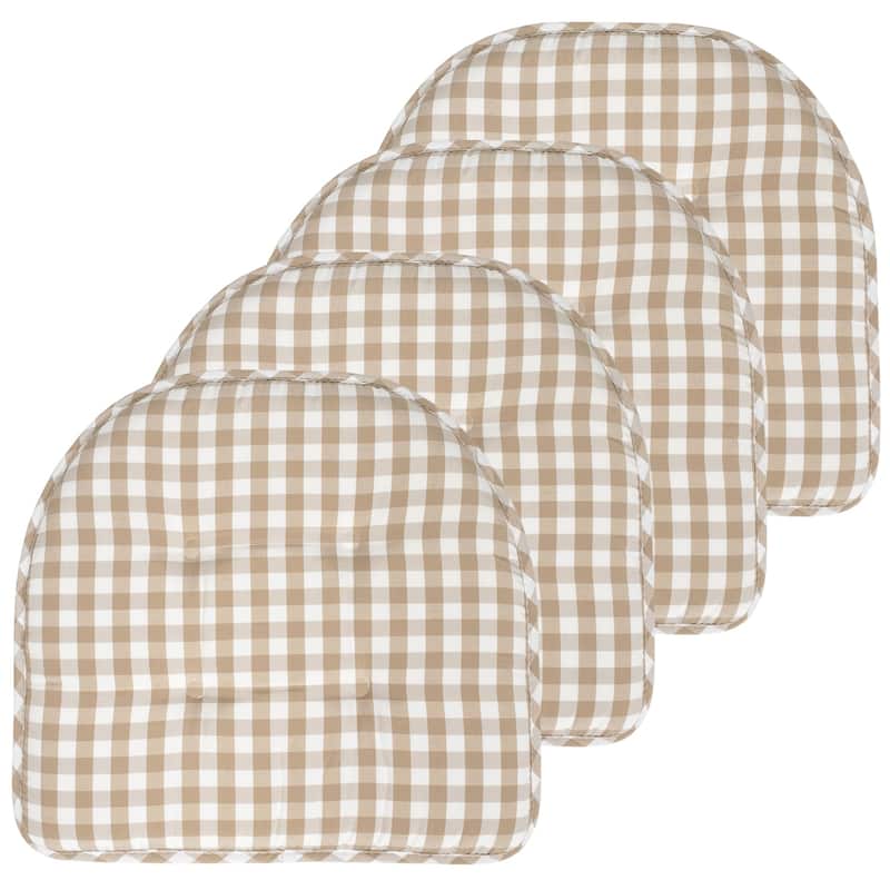 Sweet Home Collection Checkered Buffalo Check U-Shaped Memory Foam Chair Cushions 17" x 16" - Set of 4 - Taupe White