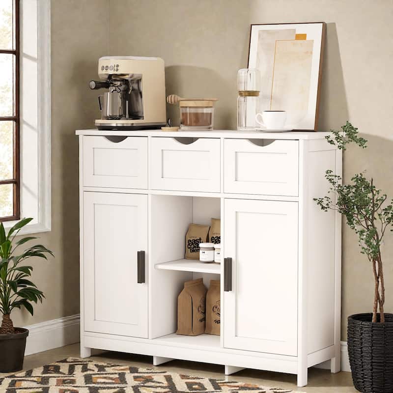 Wooden Storage Cabinet with Drawers and Adjustable Shelves, Floor Accent Cabinet for Living Room Bedroom