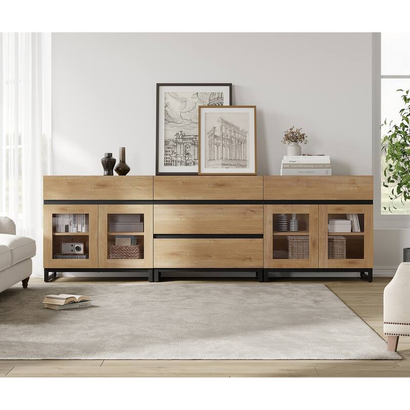 WAMPAT 3 in 1 Multifunctional Dresser with Glass Doors and 5 Drawers, Modern Chest of Drawers for Bedroom