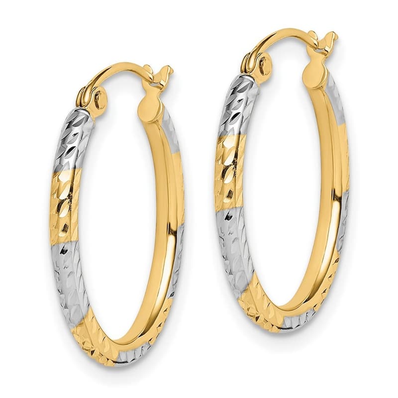 Curata 10k Yellow Gold and Rhodium Diamond Cut Patterned Oval Hoop Earrings 21x2mm