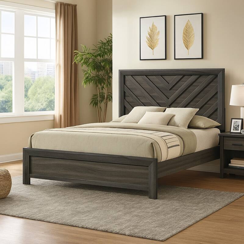 Velz Full Size Bed w Chevron Patterned Headboard, Dark Gray Wood