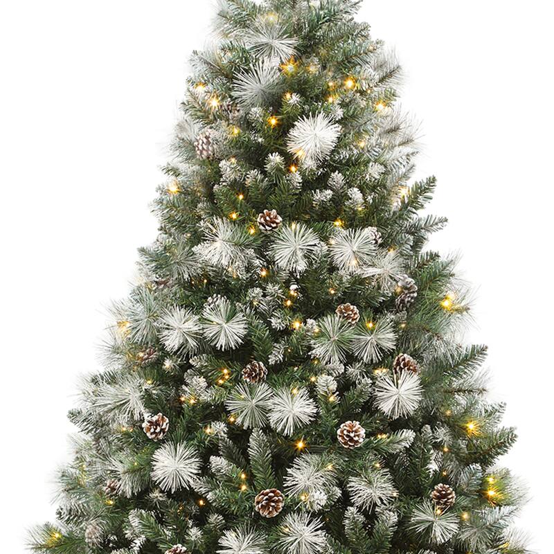 4.5/6ft Prelit & Pre-Decorated Scotch Pine Christmas Tree with Remote Control, Frosted Christmas Tree with Pine-Cones & Needles