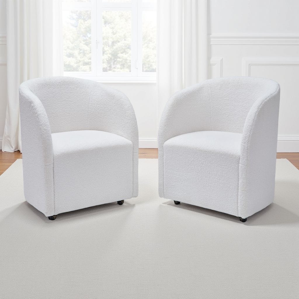 Robeck Dining Armchair Set of 2 with Wheels, Ivory Boucle Polyester