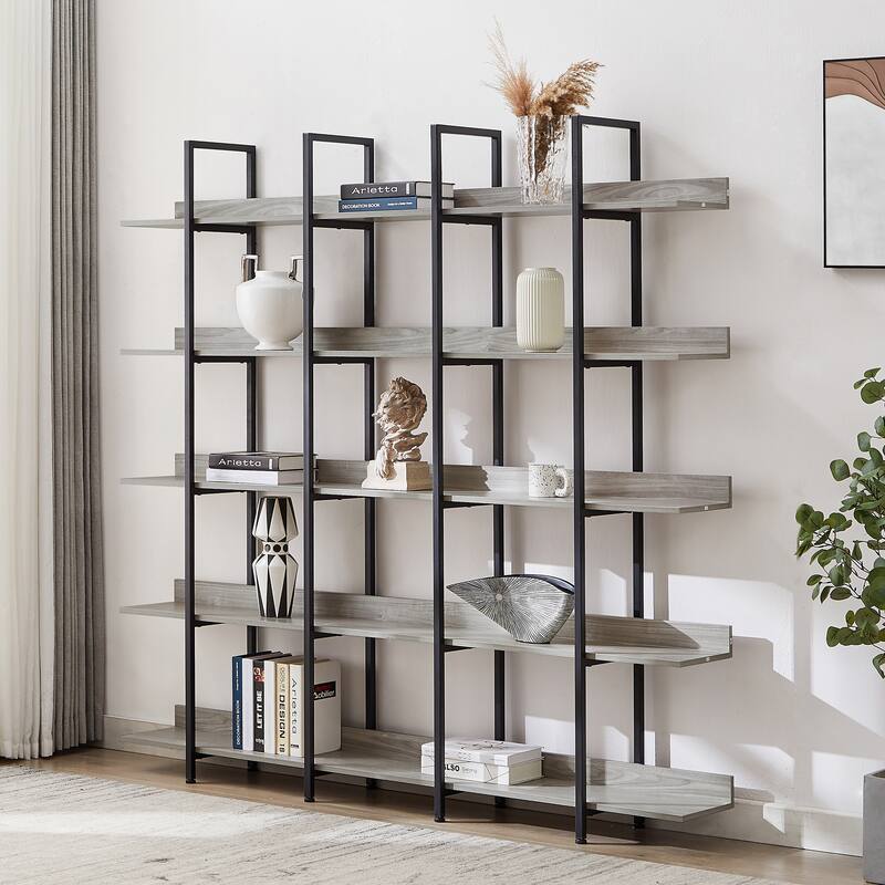 5 Tier Bookcase Home Office Open Bookshelf, Modern Industrial Style Shelf with Metal Frame, MDF Board