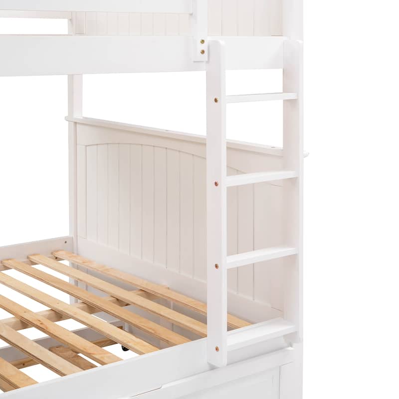 Full Over Full Bunk Bed with Twin Size Trundle, Pine Wood Bunk Bed with Guardrails, White