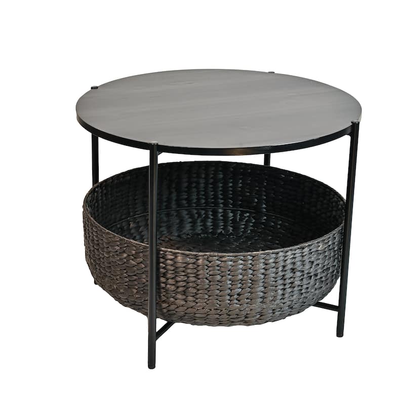 happimess 24.21" Round Acacia Coffee Table with Storage Basket - Black