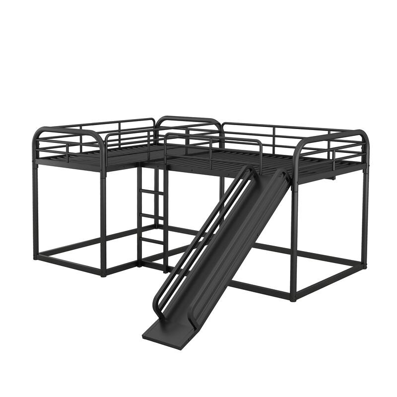 Full & Twin Size Low Bunk Beds for 4, Modern L-Shaped Metal Bunk Bed Frame with Slide, Short Ladder and Full Length Guardrails