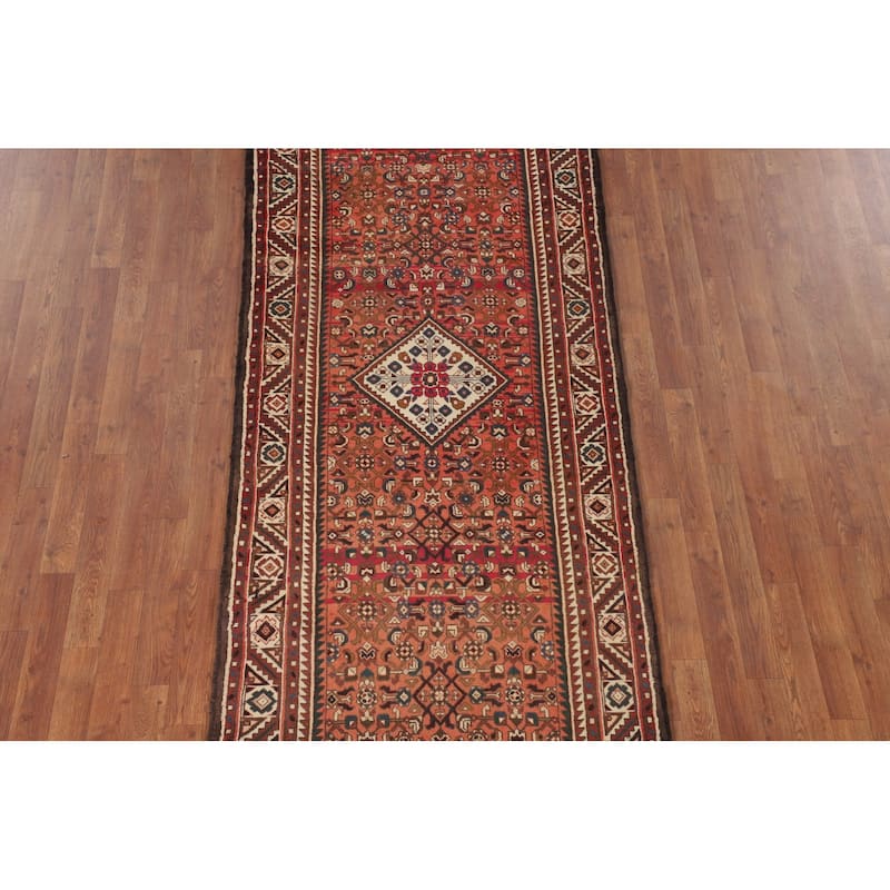 Geometric / Medallion Hamedan Vintage Runner Rug Handmade Wool Carpet - 3'5"x 10'4"