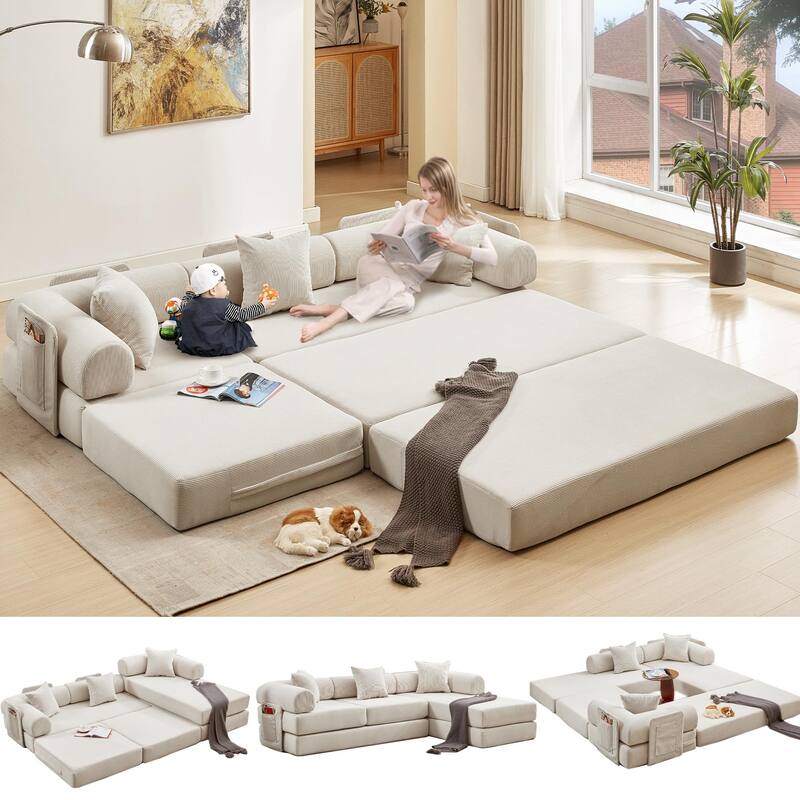 Versatile 7-in-1 Modular Folding Sectional Sofa with Chaise Convertible Corduroy Sleeper Sofa Bed with Removable Storage Bags