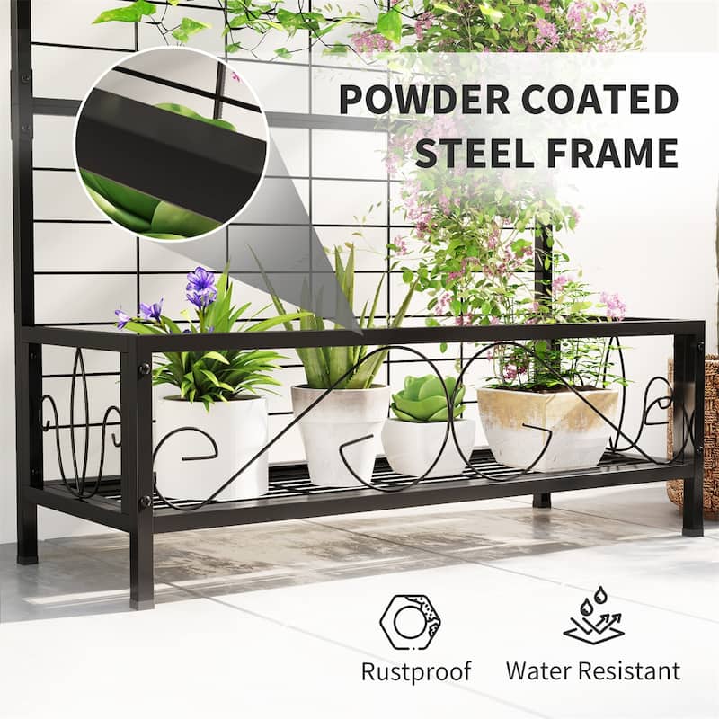 74-Inch Tall Steel Flower Stand with Trellis and Hanging Basket Roof for Garden Patio Plants - 36.2" W x 12.8" D x 74.2" H