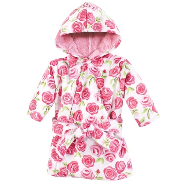 slide 1 of 1, Hudson Baby Girls Mink with Faux Fur Lining Pool and Beach Robe Cover-ups, Pink Roses 0-6 Months - Pink Roses