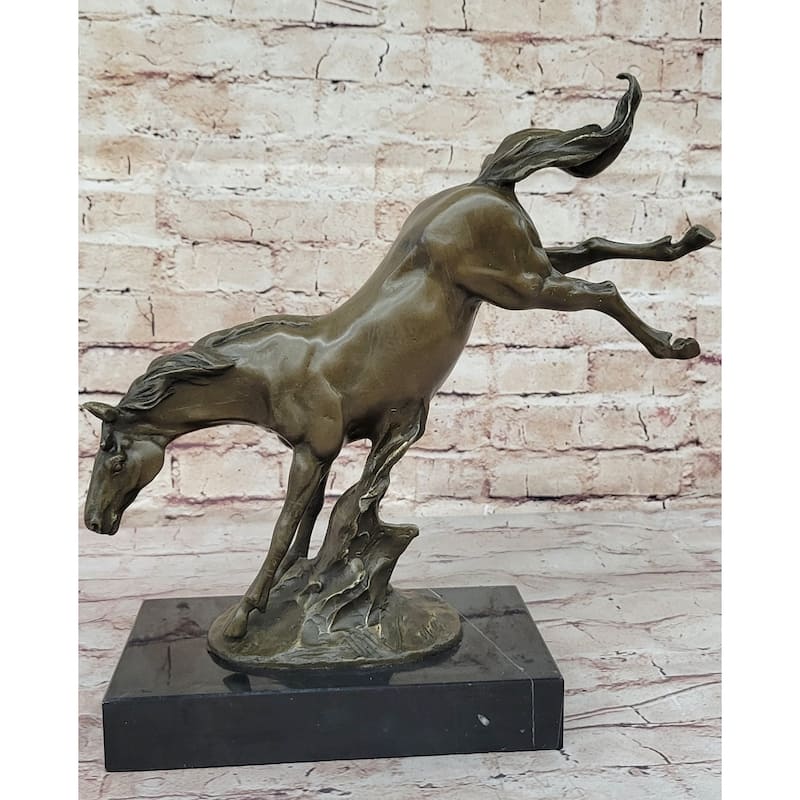 Jumping Wild Imitative Horse Mustang Stallion Bronze Sculpture Statue On Marble Base