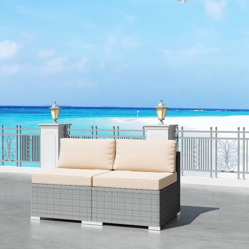 2-Piece Wicker Outdoor Patio Rattan Furniture Sectional Conversation Set with Cushion - Beige