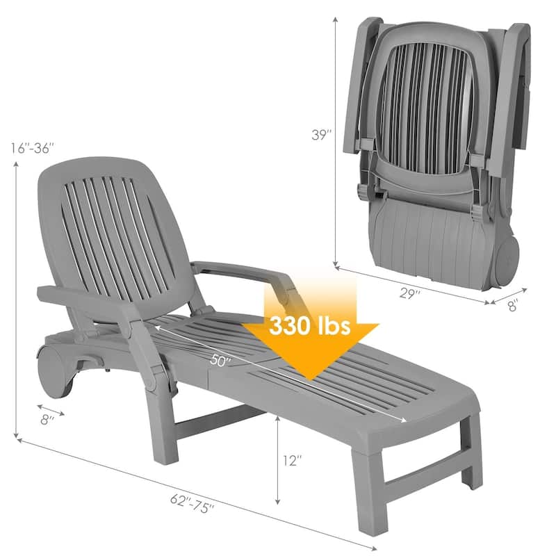Adjustable Patio Sun Lounger with Weather Resistant Wheels - 65.5" x 29" x16.5"-37" (L x W x H)