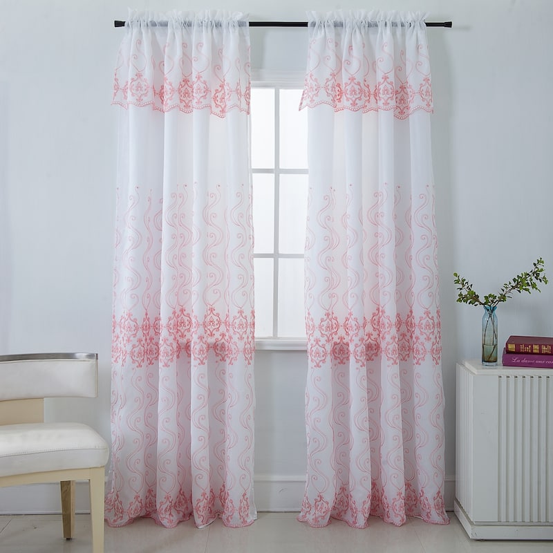 Porch & Den Easterday Damask Embroidered Rod Pocket Single Curtain Panel - 54 x 90 in. - Blush