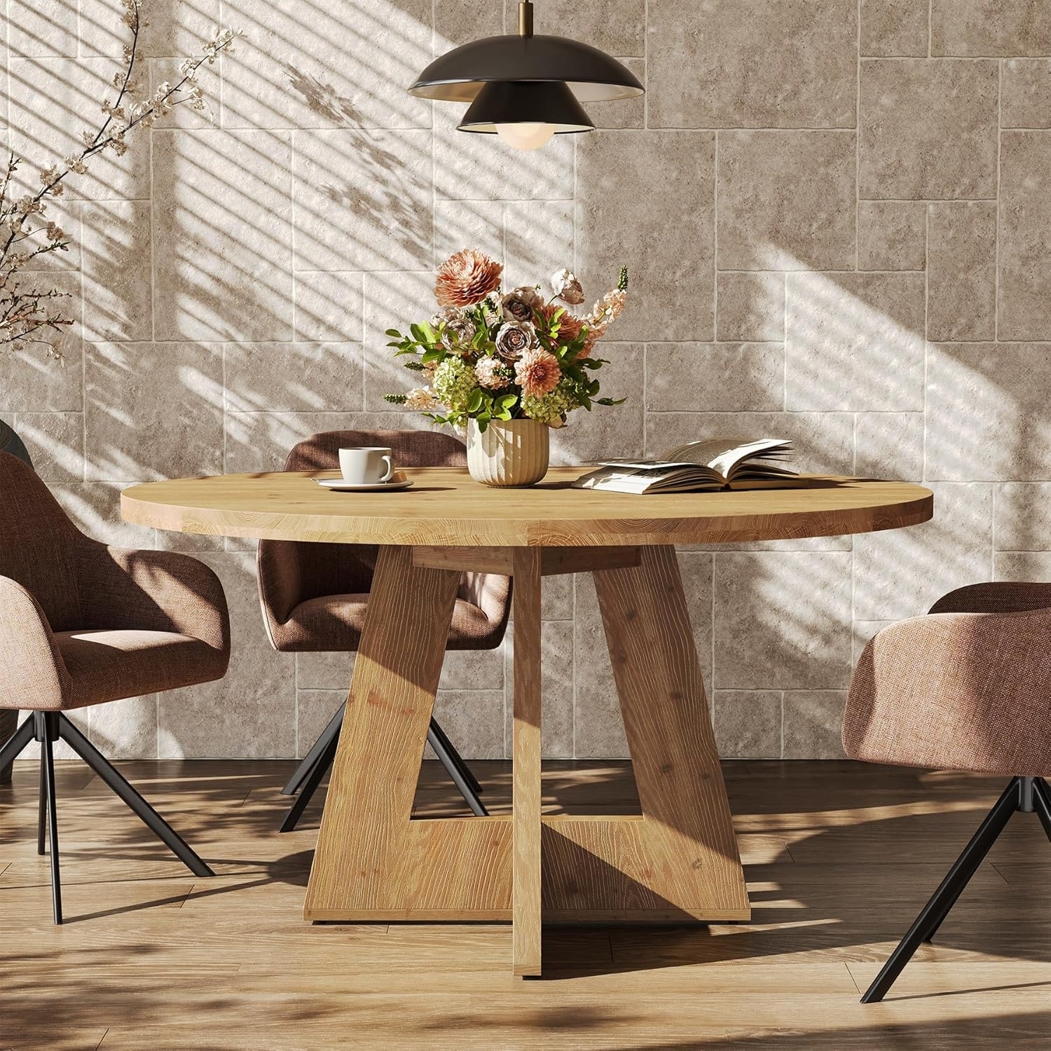 47-Inch Solid Wood Round Conference Table with Sturdy Pedestal Base, Office Table for Conference Room