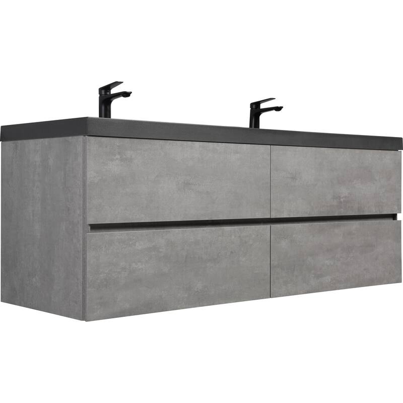 GDFStudio - Carter Floating Bathroom Vanity with Black Quartz Sand Countertops & Soft-Close Drawers